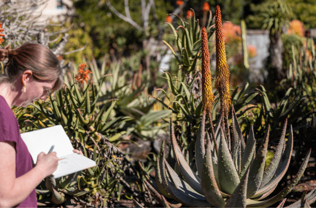 A woman journaling in the garden