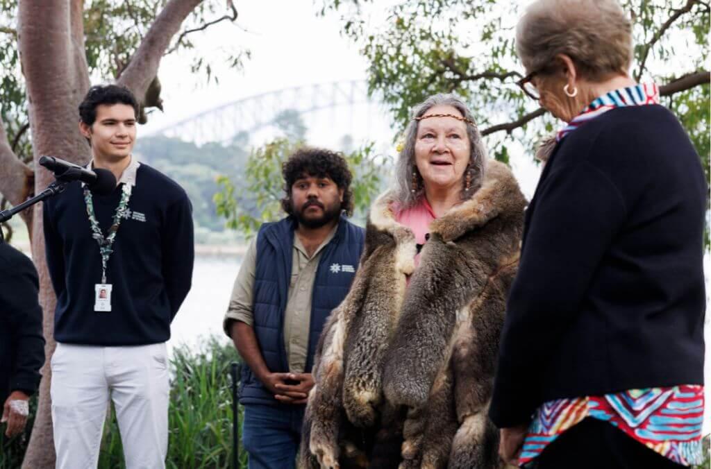 Lachlan Mooore, Wokka Ellis, Aunty Rhonda Dixon-Grovenor and Aunty Barbara Simms Keeley at the unveiling of the renewed Gadigal story journey for Cadi Jam Ora.